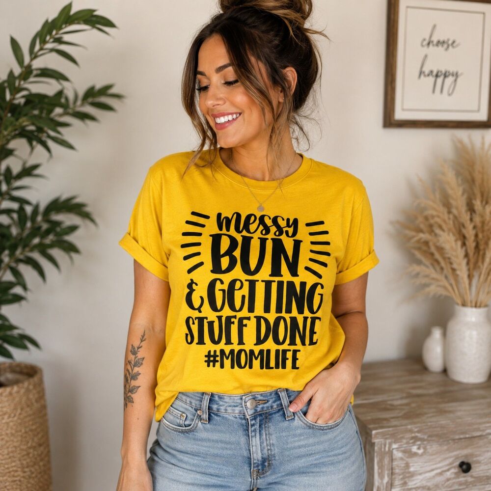 Jerzees Small Unisex Yellow Mom Life Graphic Shirt, Messy Bun Getting Stuff Done